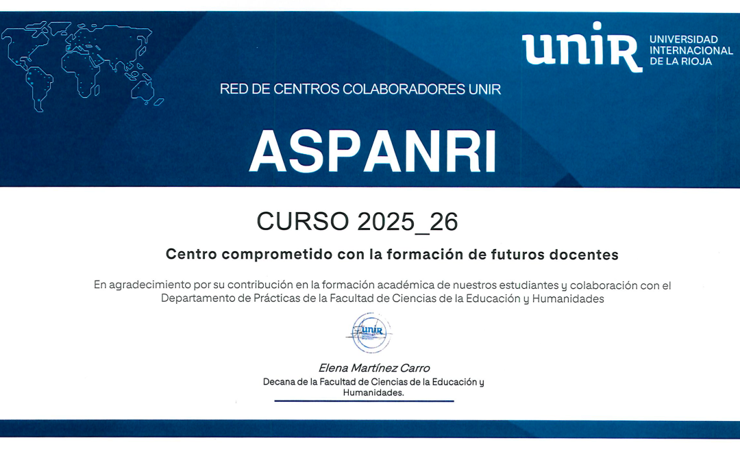 Aspanri, reconocida por UNIR como centro colaborador en la formación de futuros docentes